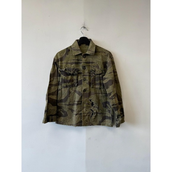 Vintage Tiger Stripe Shirt Mens Medium Green Camo Military Canvas Distressed